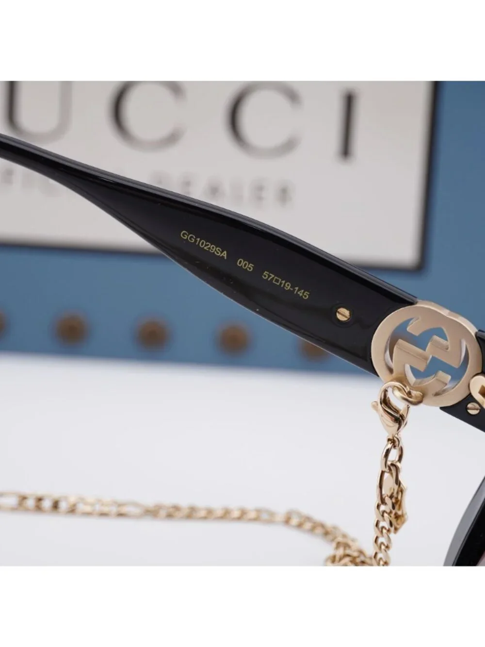 Gucci GG1029SA 005 Square Sunglasses - Black with Gold Chain\Brown